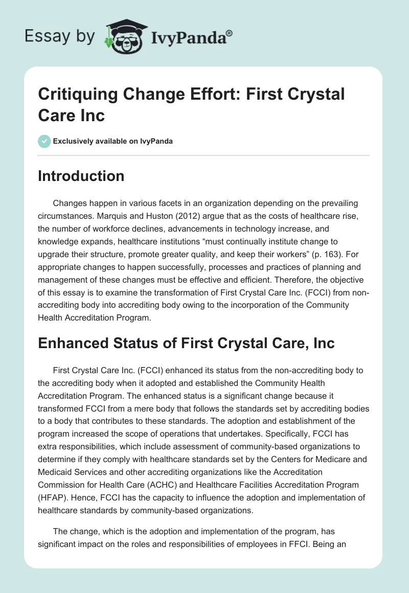 Critiquing Change Effort: First Crystal Care Inc. Page 1