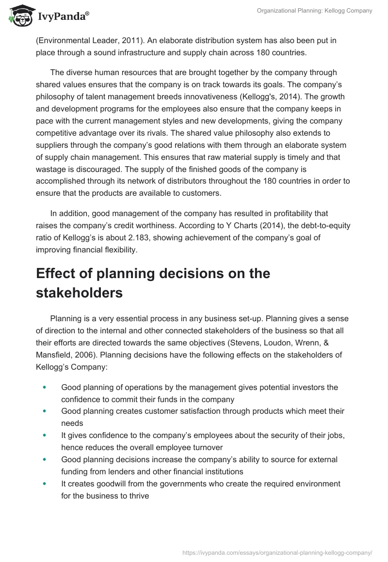 Organizational Planning: Kellogg Company. Page 2