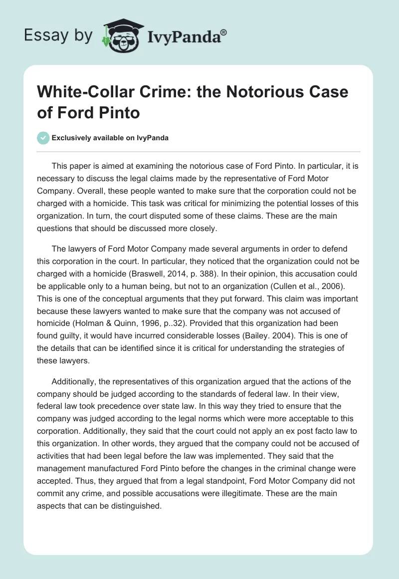 White-Collar Crime: The Notorious Case of Ford Pinto. Page 1