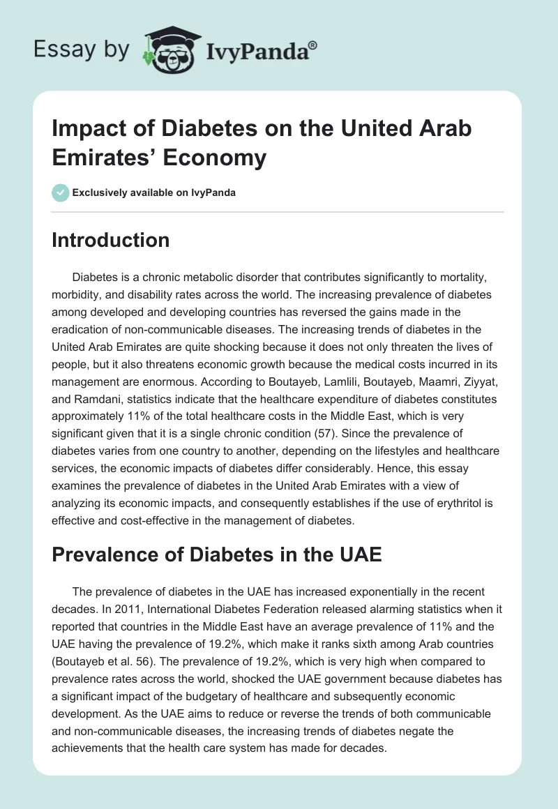 Impact of Diabetes on the United Arab Emirates’ Economy. Page 1