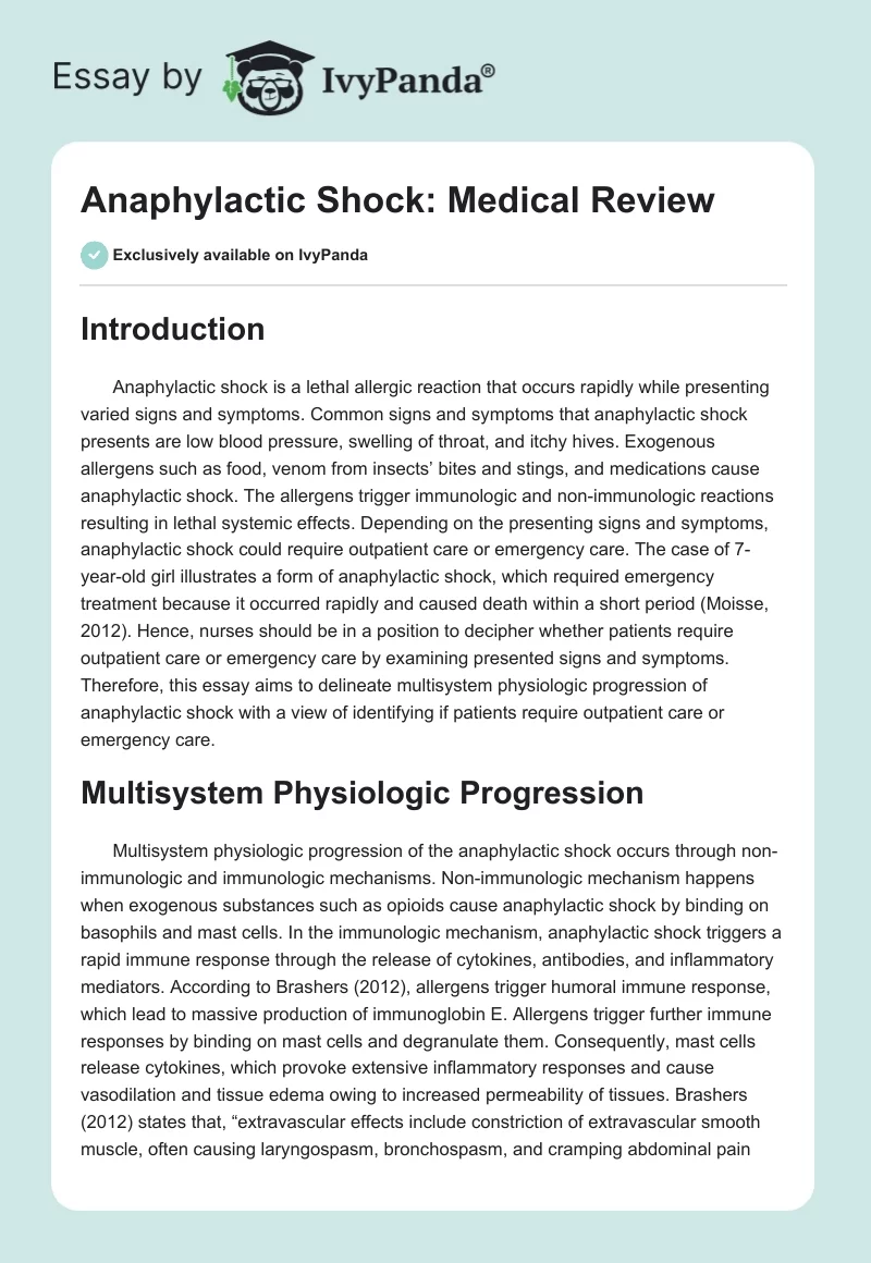 Anaphylactic Shock: Medical Review. Page 1