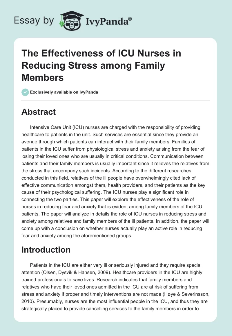 The Effectiveness of ICU Nurses in Reducing Stress among Family Members. Page 1
