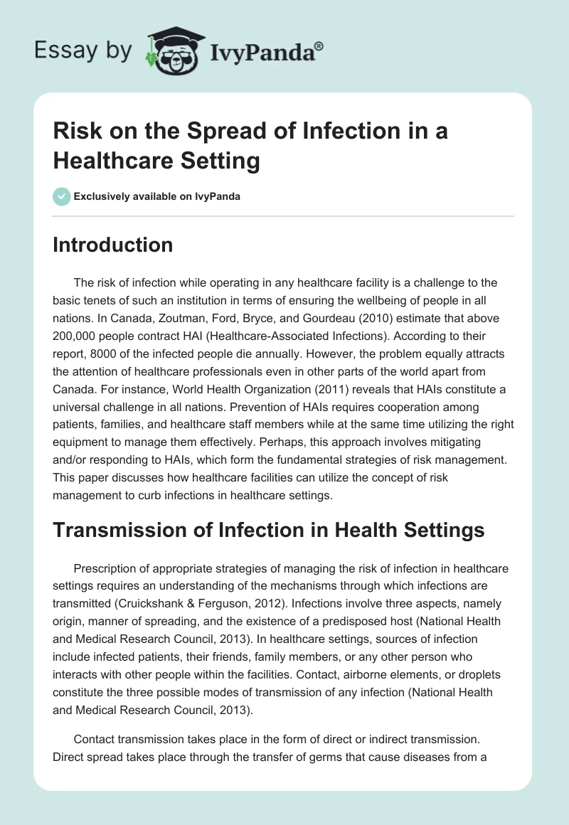 Risk on the Spread of Infection in a Healthcare Setting. Page 1