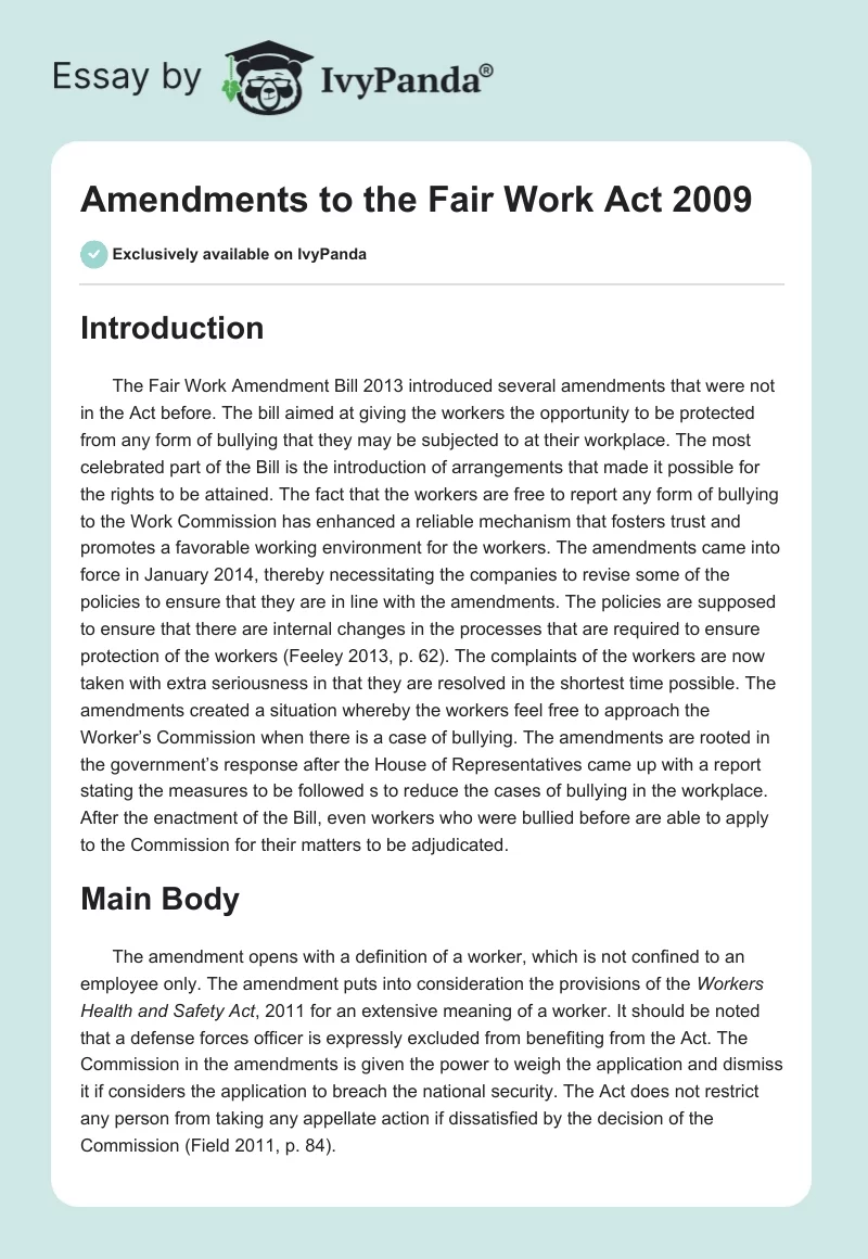 Amendments to the Fair Work Act 2009. Page 1