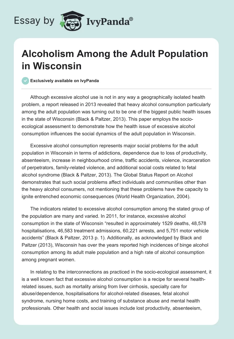 Alcoholism Among the Adult Population in Wisconsin. Page 1
