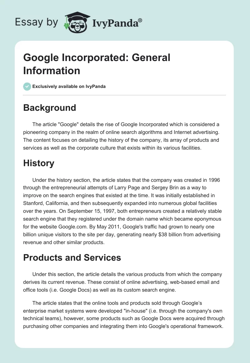 Google Incorporated: General Information. Page 1