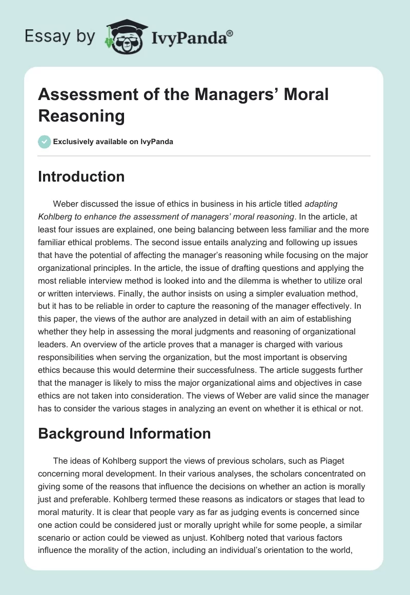 Assessment of the Managers’ Moral Reasoning. Page 1