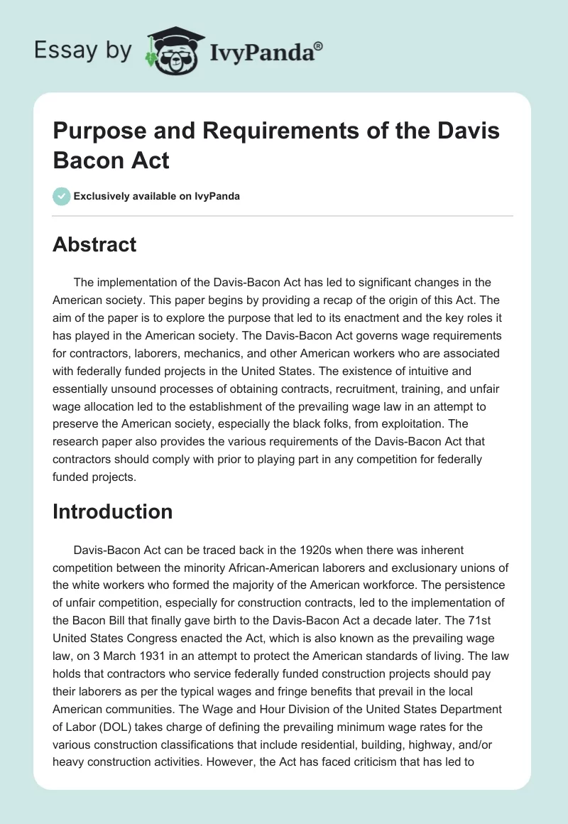 Purpose and Requirements of the Davis Bacon Act. Page 1