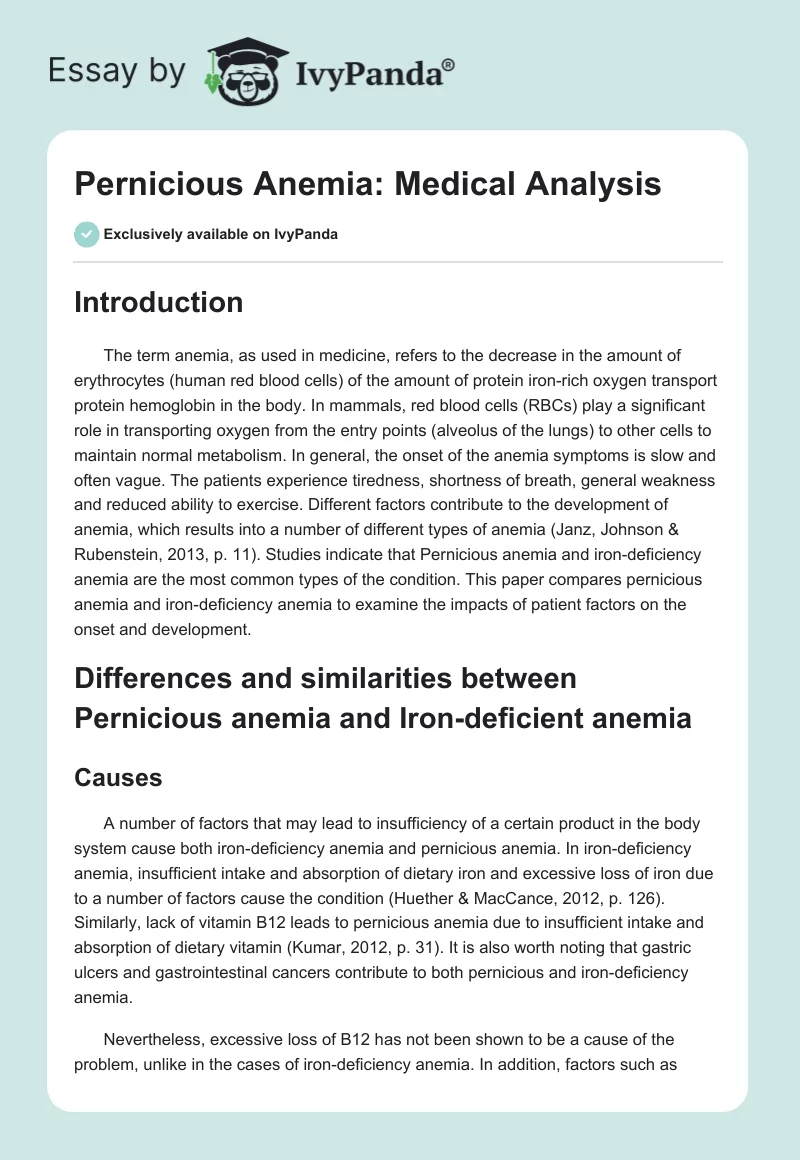 Pernicious Anemia: Medical Analysis. Page 1