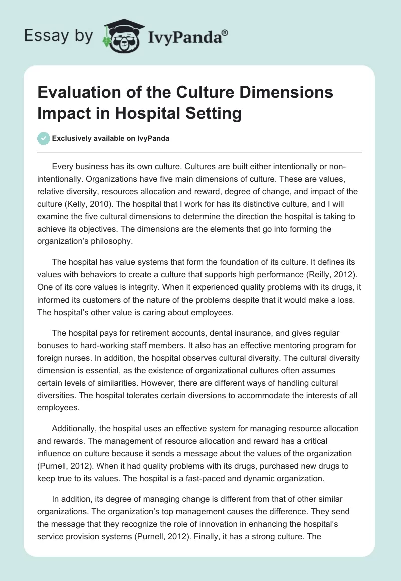 Evaluation of the Culture Dimensions Impact in Hospital Setting. Page 1