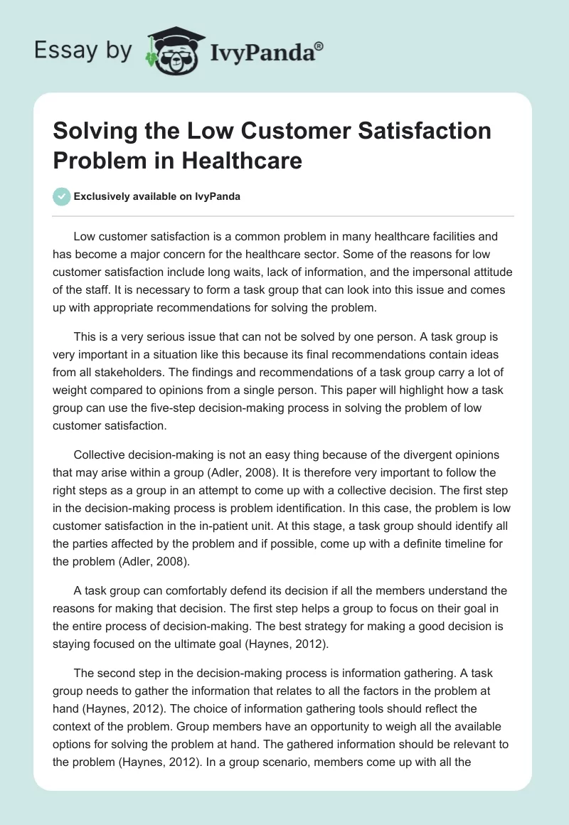 Solving the Low Customer Satisfaction Problem in Healthcare. Page 1