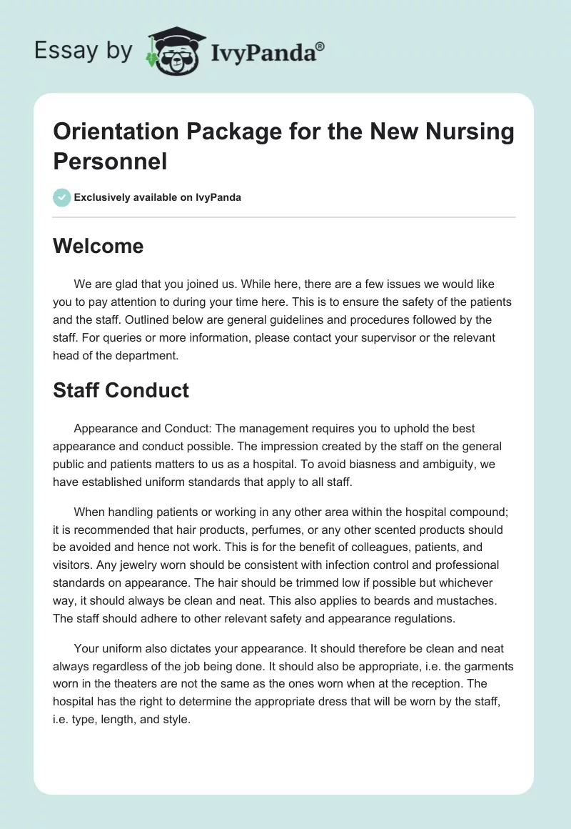 Orientation Package for the New Nursing Personnel. Page 1