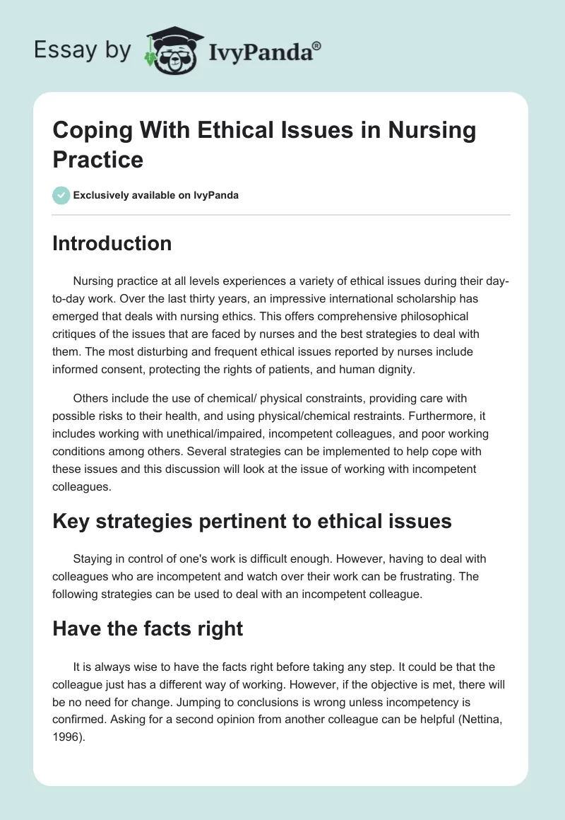 Coping With Ethical Issues in Nursing Practice. Page 1