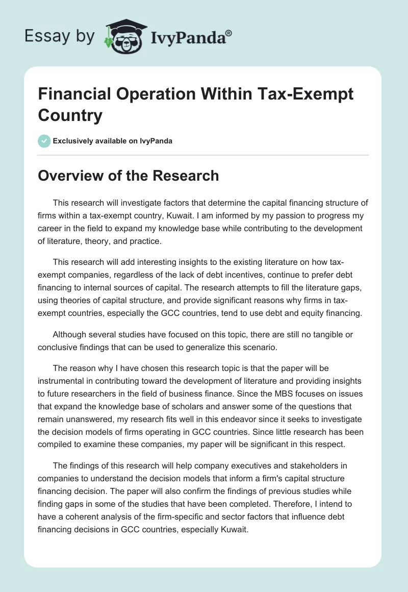 Financial Operation Within Tax-Exempt Country. Page 1