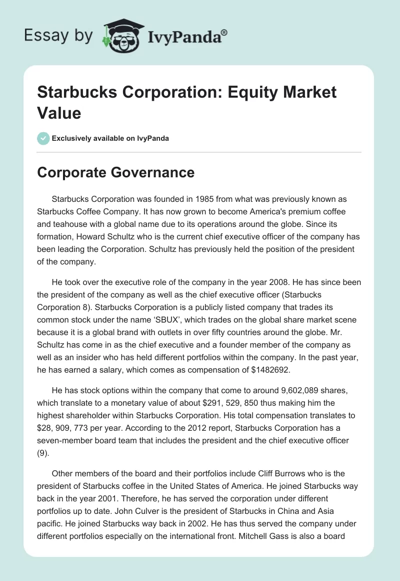 Starbucks Corporation: Equity Market Value. Page 1