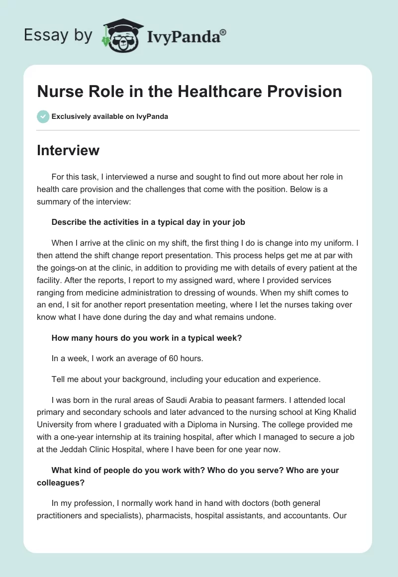 Nurse Role in the Healthcare Provision. Page 1