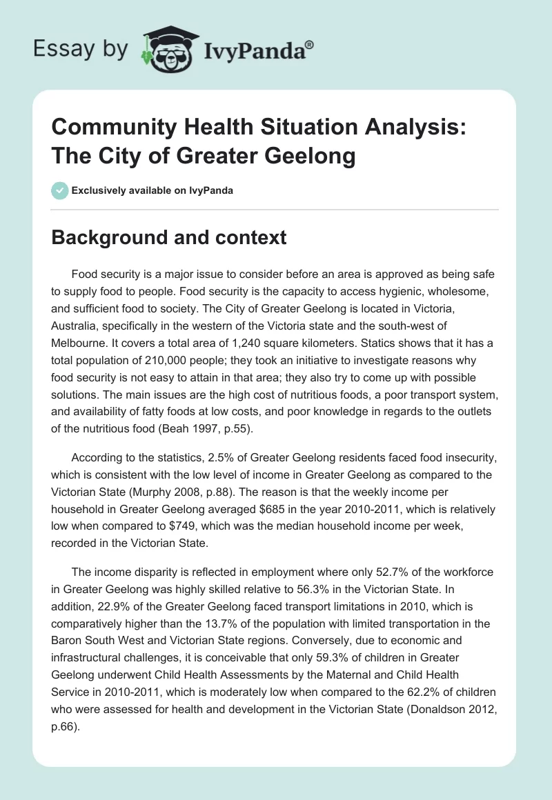 Community Health Situation Analysis: The City of Greater Geelong. Page 1