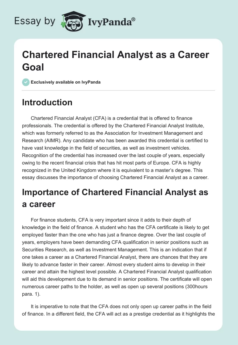 Chartered Financial Analyst as a Career Goal. Page 1