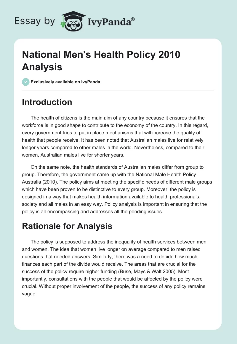National Men's Health Policy 2010 Analysis. Page 1