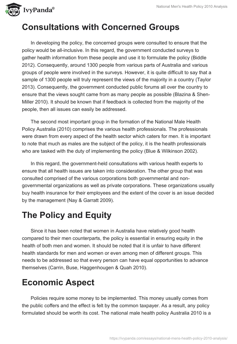 National Men's Health Policy 2010 Analysis. Page 2
