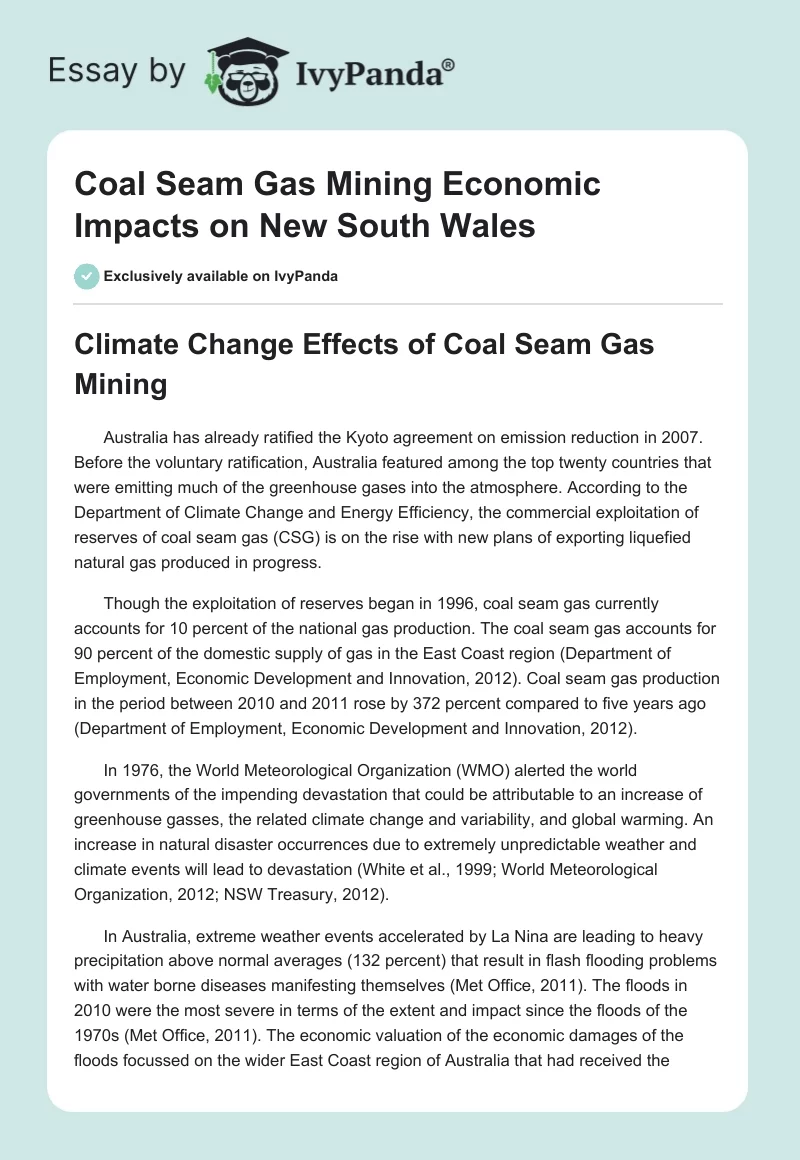 Coal Seam Gas Mining Economic Impacts on New South Wales. Page 1