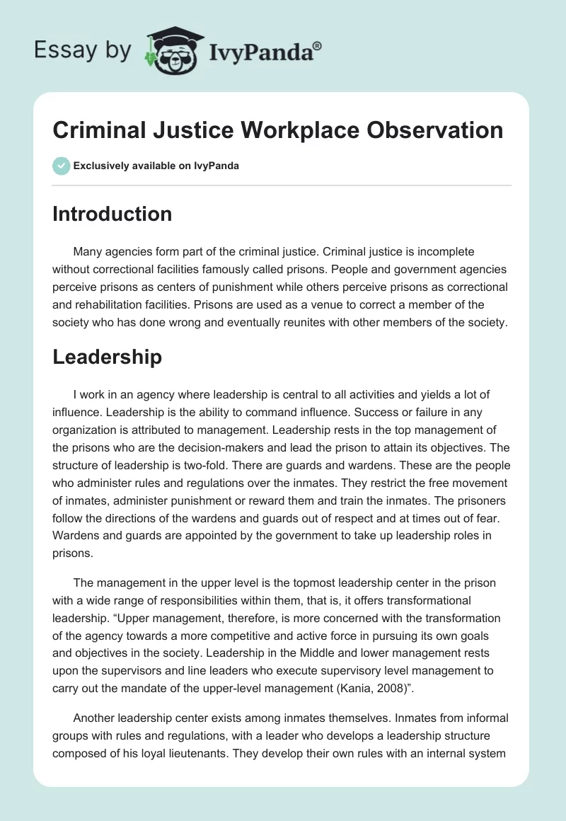 Criminal Justice Workplace Observation. Page 1
