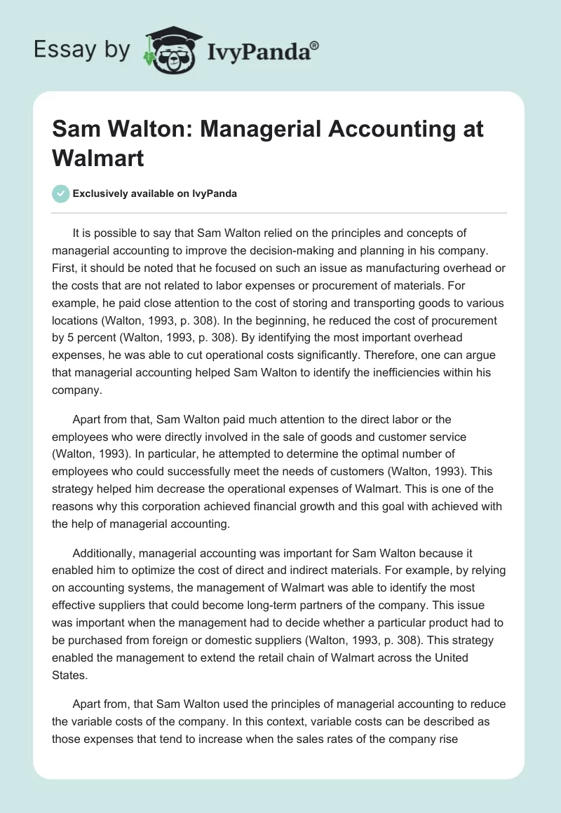 Sam Walton: Managerial Accounting at Walmart. Page 1