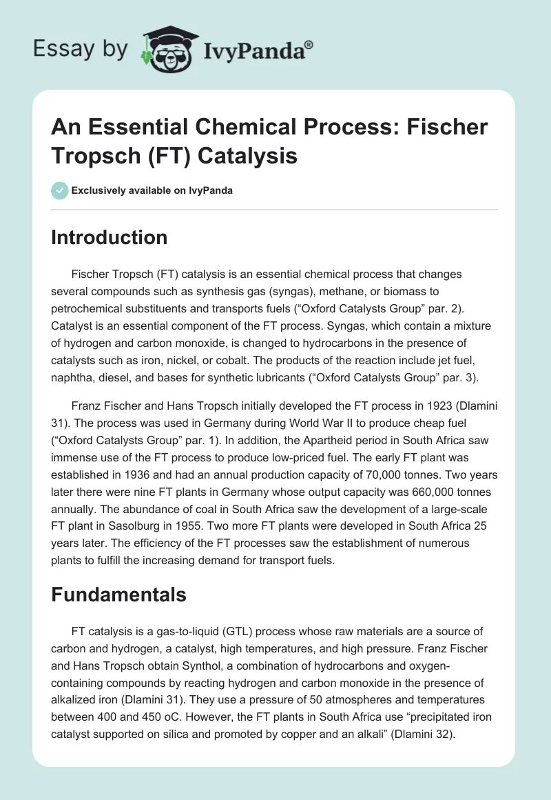 An Essential Chemical Process: Fischer Tropsch (FT) Catalysis. Page 1