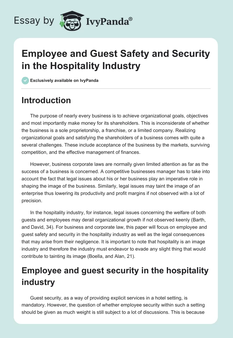 Employee and Guest Safety and Security in the Hospitality Industry. Page 1