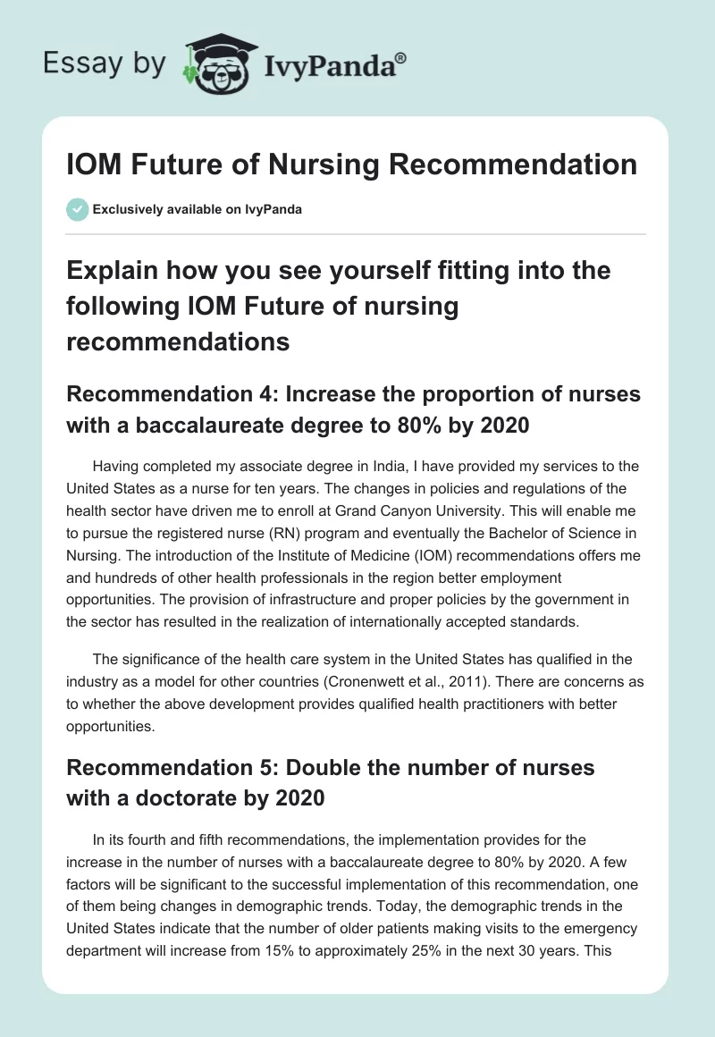 IOM Future of Nursing Recommendation. Page 1