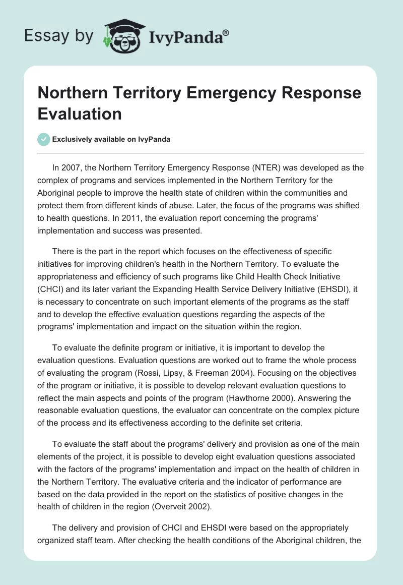 Northern Territory Emergency Response Evaluation. Page 1