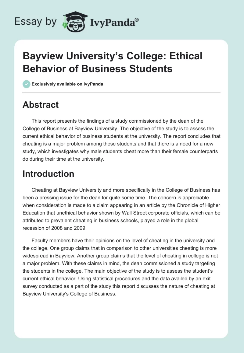 Bayview University’s College: Ethical Behavior of Business Students. Page 1