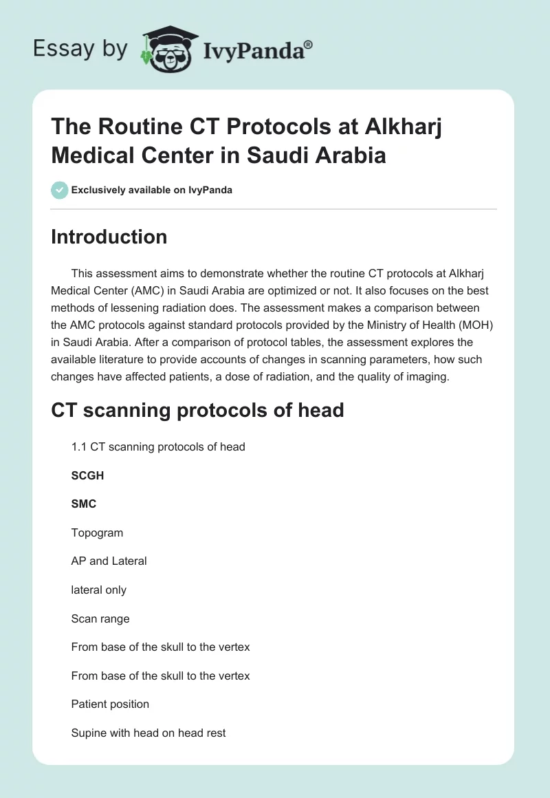 The Routine CT Protocols at Alkharj Medical Center in Saudi Arabia. Page 1