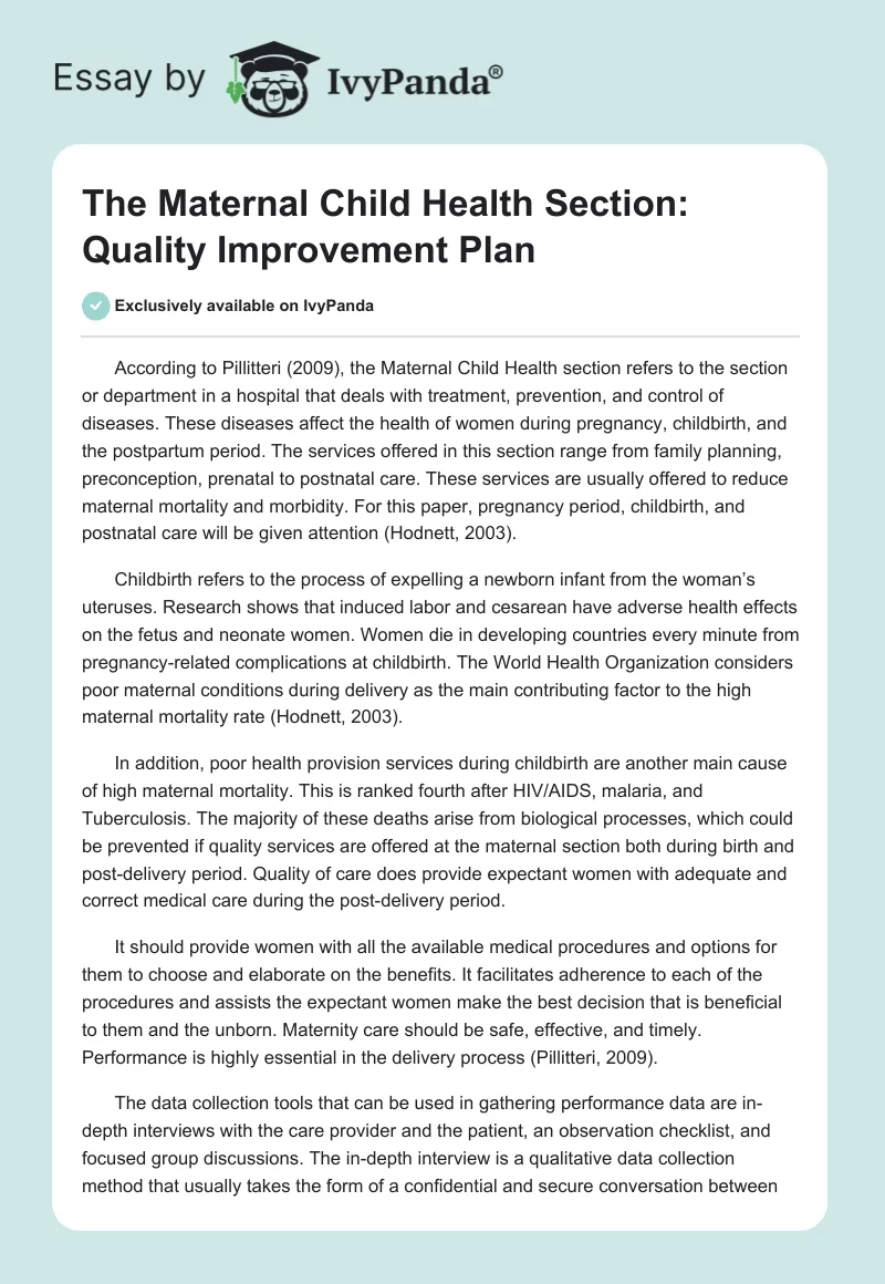 The Maternal Child Health Section: Quality Improvement Plan. Page 1