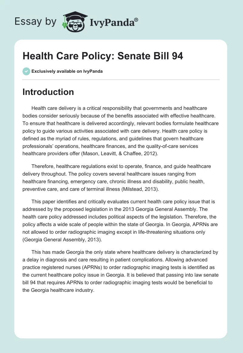 Health Care Policy: Senate Bill 94. Page 1