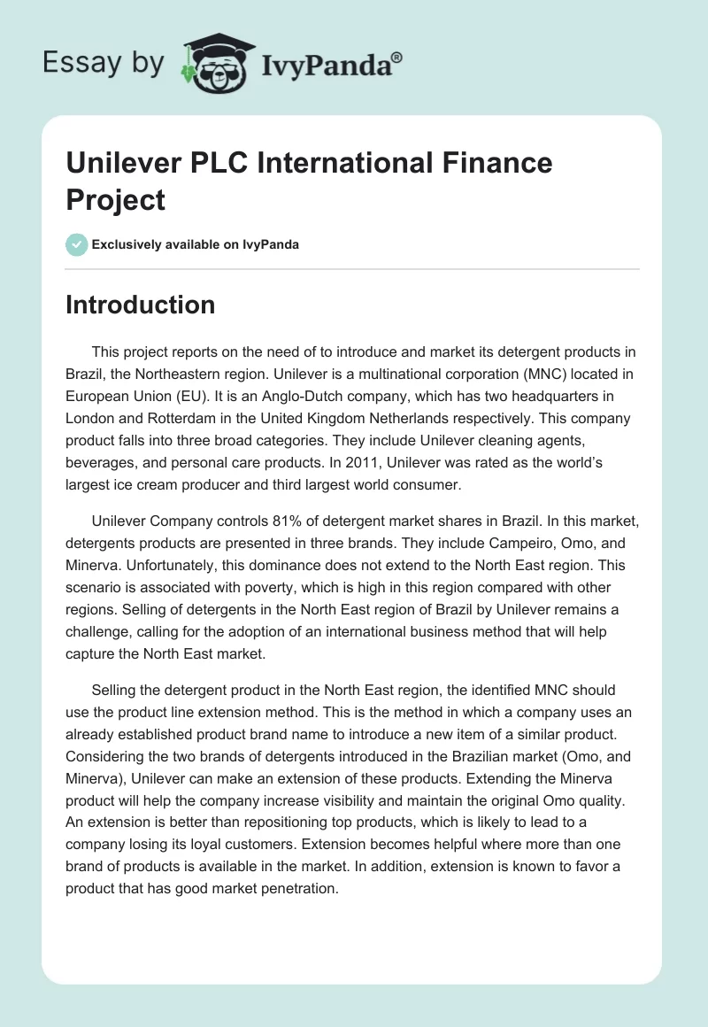 Unilever PLC International Finance Project. Page 1
