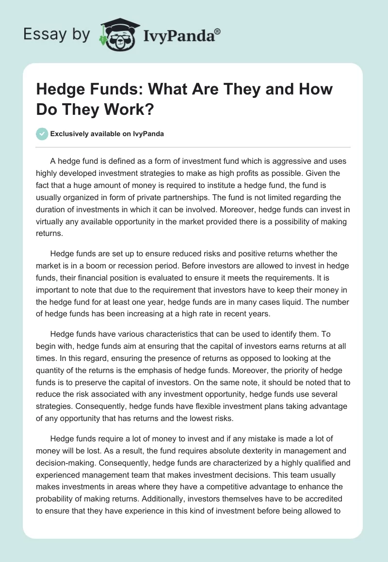 Hedge Funds: What Are They and How Do They Work?. Page 1
