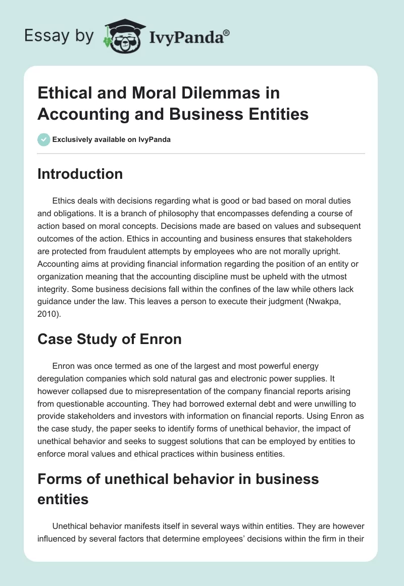 Ethical and Moral Dilemmas in Accounting and Business Entities. Page 1