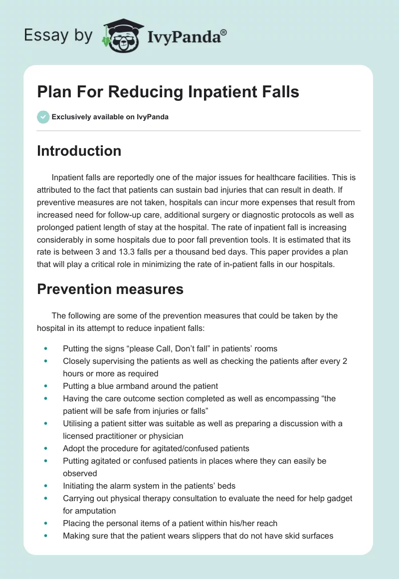 Plan For Reducing Inpatient Falls. Page 1