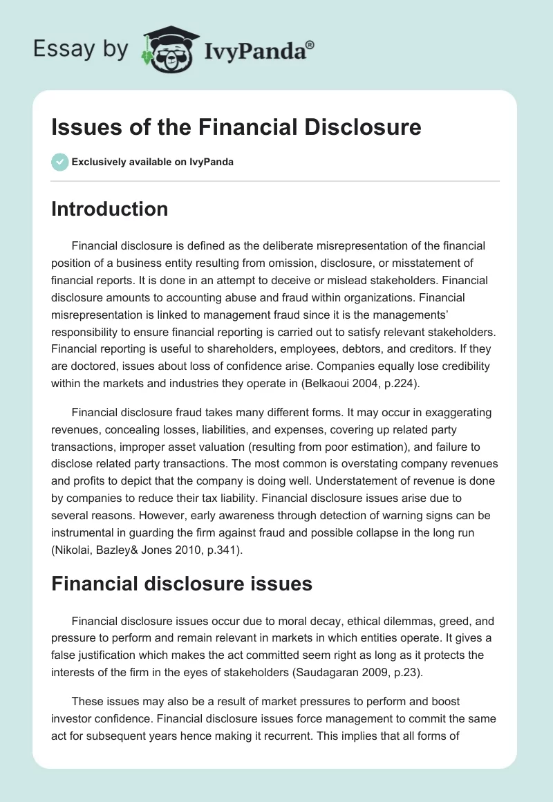 Issues of the Financial Disclosure. Page 1