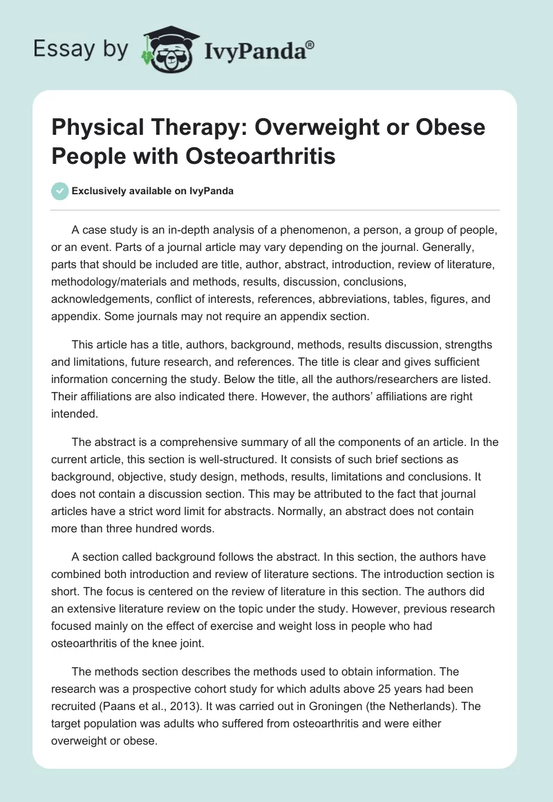 Physical Therapy: Overweight or Obese People With Osteoarthritis. Page 1
