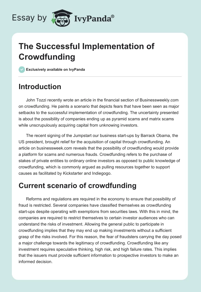 The Successful Implementation of Crowdfunding. Page 1