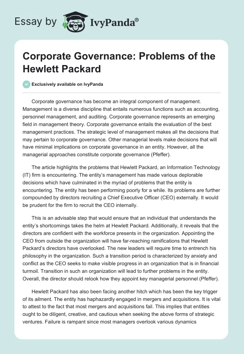 Corporate Governance: Problems of the Hewlett Packard. Page 1
