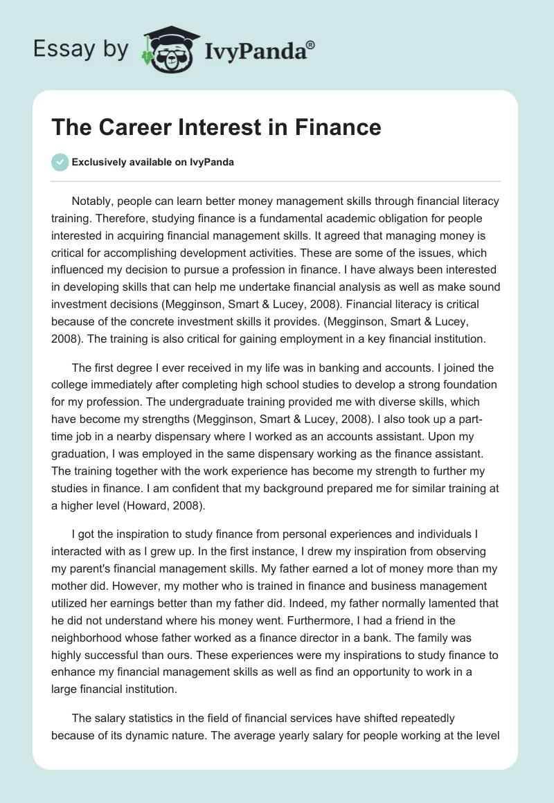 The Career Interest in Finance. Page 1