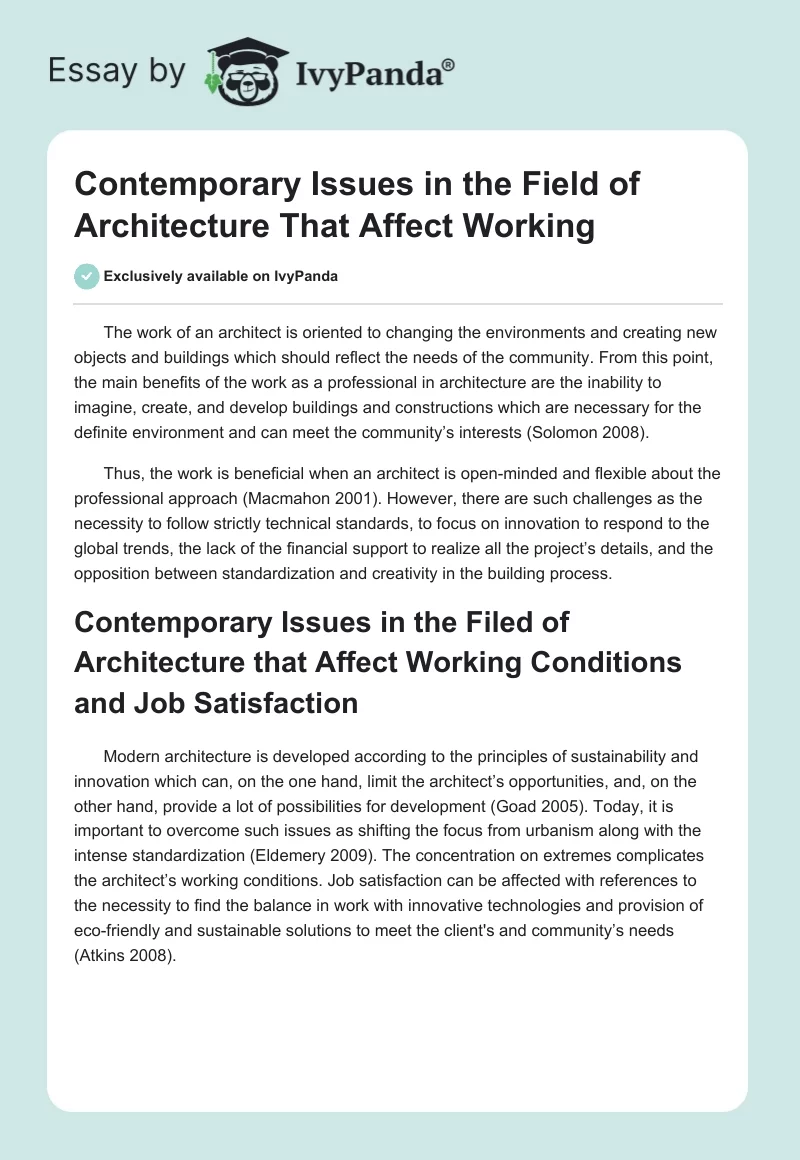Contemporary Issues in the Field of Architecture That Affect Working. Page 1