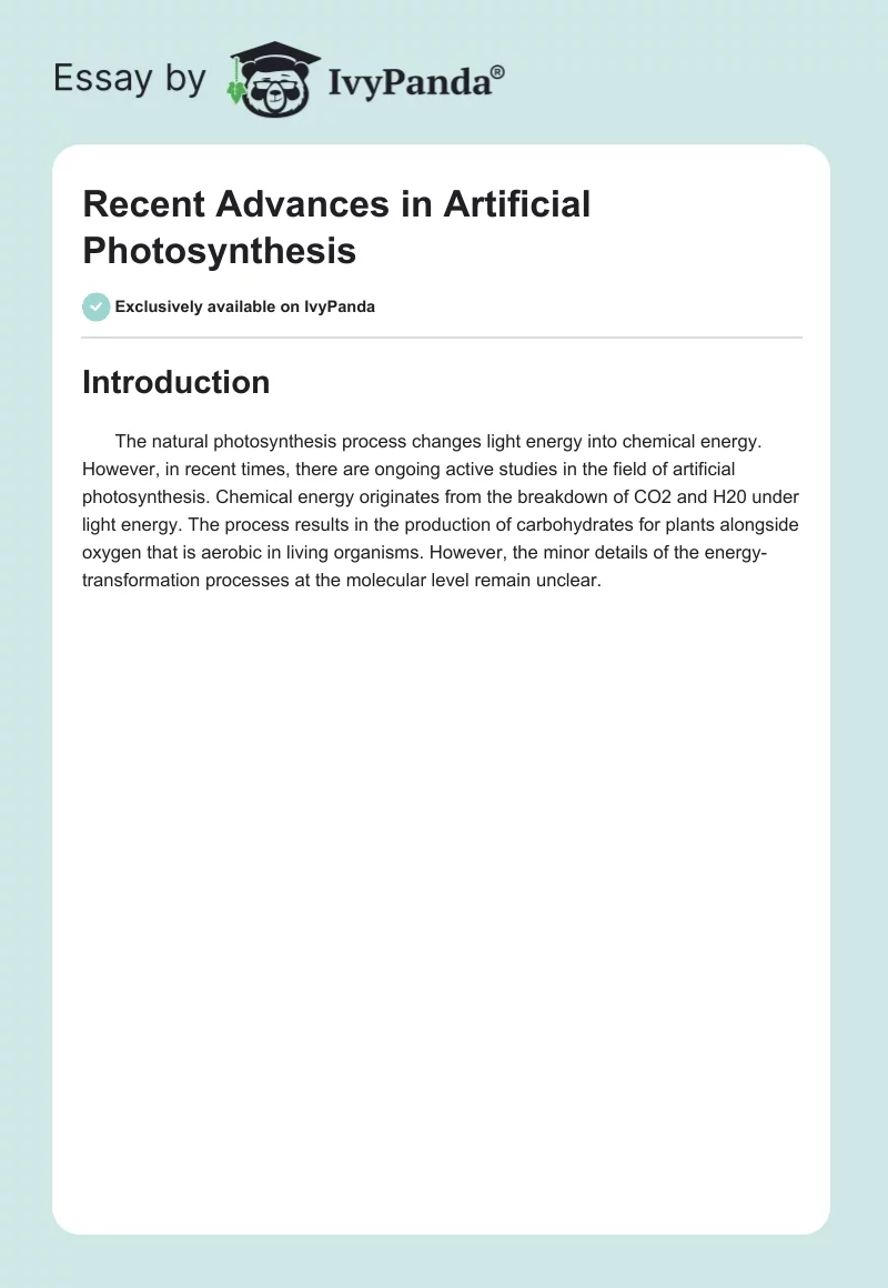 Recent Advances in Artificial Photosynthesis. Page 1