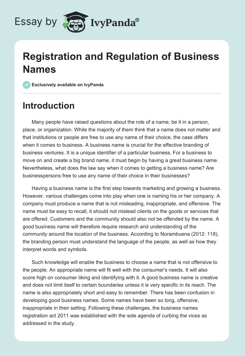 Registration and Regulation of Business Names. Page 1