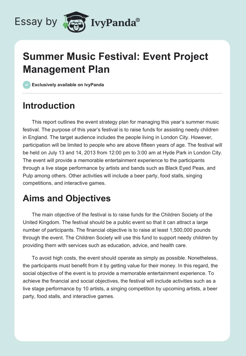 Summer Music Festival: Event Project Management Plan. Page 1