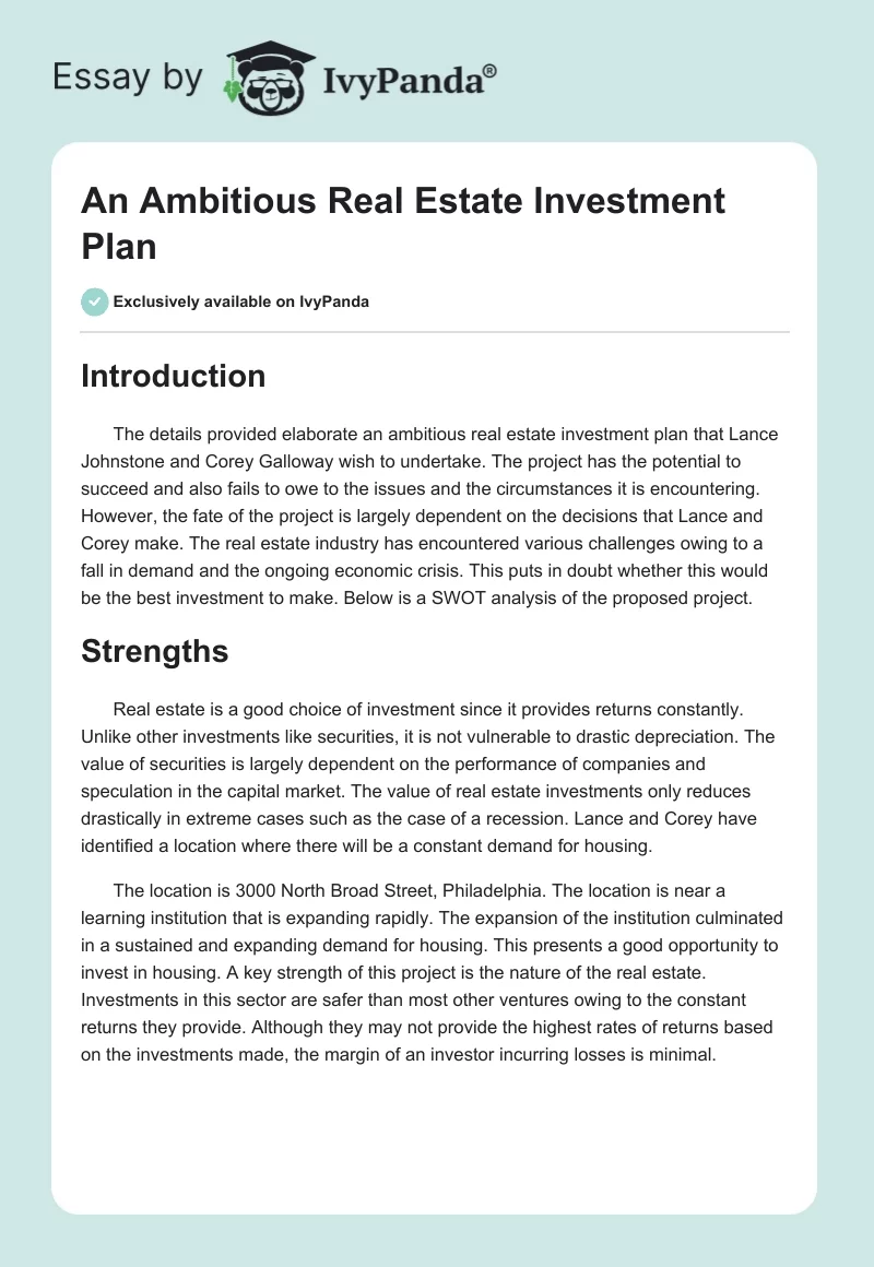 An Ambitious Real Estate Investment Plan. Page 1