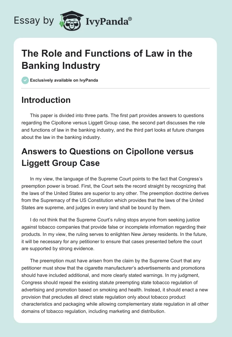 The Role and Functions of Law in the Banking Industry. Page 1